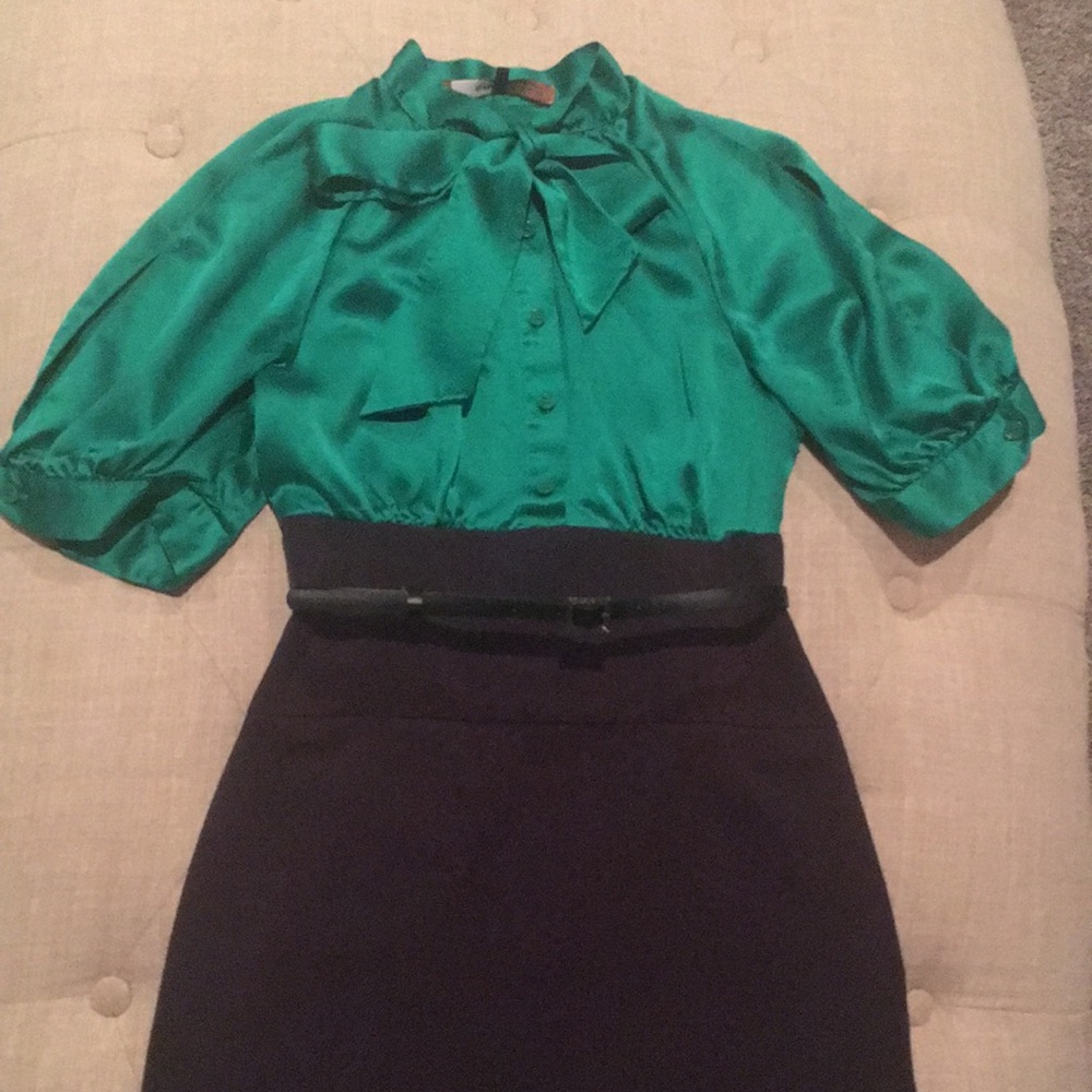 BCBGMaxAzria Navy Emerald Short Slit Sleeve Bow Tie Belted Sheath Dress Sz 0